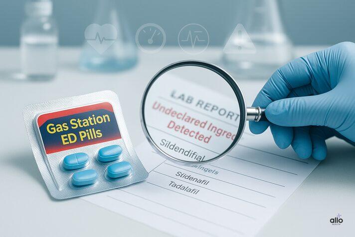 A 3D hybrid infographic explaining why gas station erectile dysfunction pills are unsafe, showing hidden drugs, severe side effects, and poor quality control.