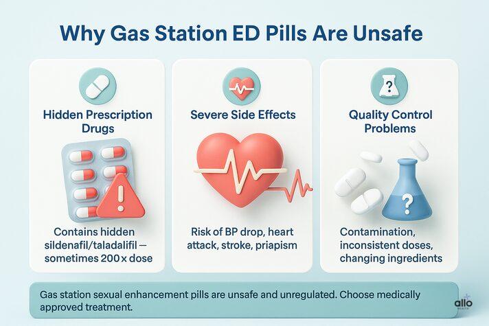 A 3D hybrid infographic explaining why gas station erectile dysfunction pills are unsafe, showing hidden drugs, severe side effects, and poor quality control.