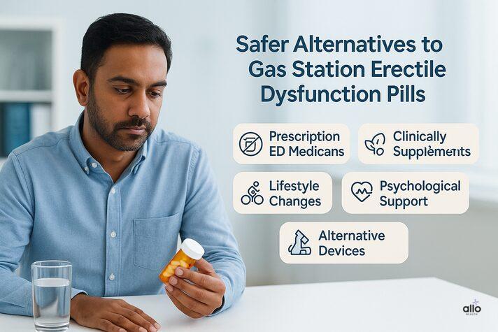 An Indian man reviewing safe alternatives to gas station erectile dysfunction pills, including prescription medications, supplements, lifestyle changes, and medical devices.