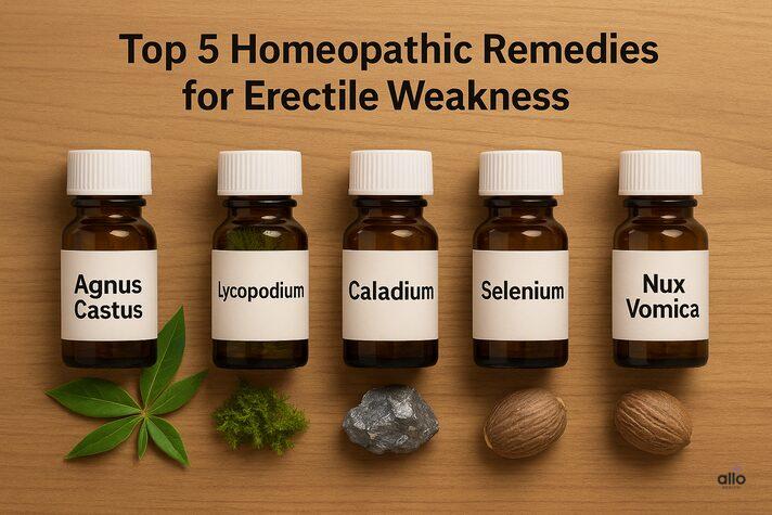 Paanch homeopathic dawaon ki bottles — Agnus Castus, Lycopodium, Caladium, Selenium aur Nux Vomica — lakdi ke surface par rakhi hui hain, unke paas prakritik jaddiyan aur padarth dikhaye gaye hain.