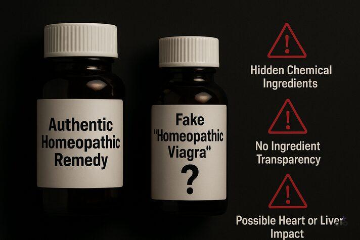 Do dawaon ki bottles — ek par likha hai Authentic Homeopathic Remedy aur doosri par Fake “Homeopathic Viagra” — saath mein laal warning signs aur text jaise Hidden Chemical Ingredients, No Ingredient Transparency, Possible Heart ya Liver Impact.