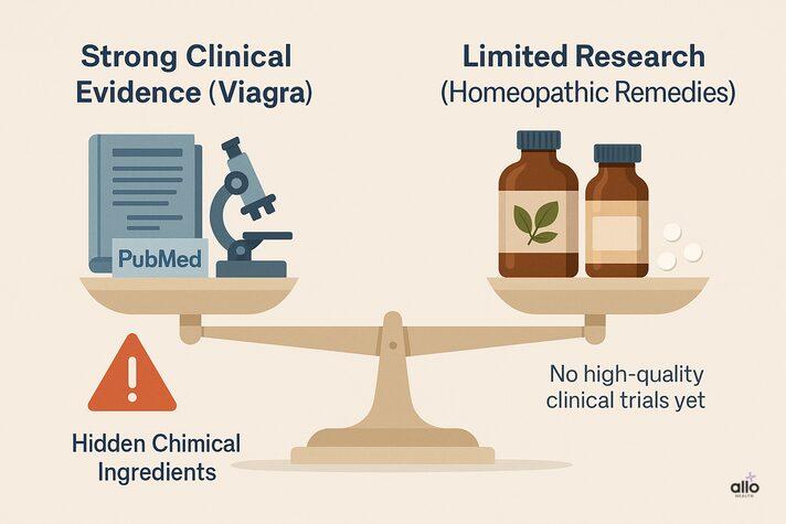 Ek balance scale infograph jisme ek taraf scientific journals aur microscope ke icons “Strong Clinical Evidence (Viagra)” ke label ke saath hain, aur doosri taraf homeopathic bottles “Limited Research (Homeopathic Remedies)” ke label ke saath, neeche note diya hai “No high-quality clinical trials yet”.