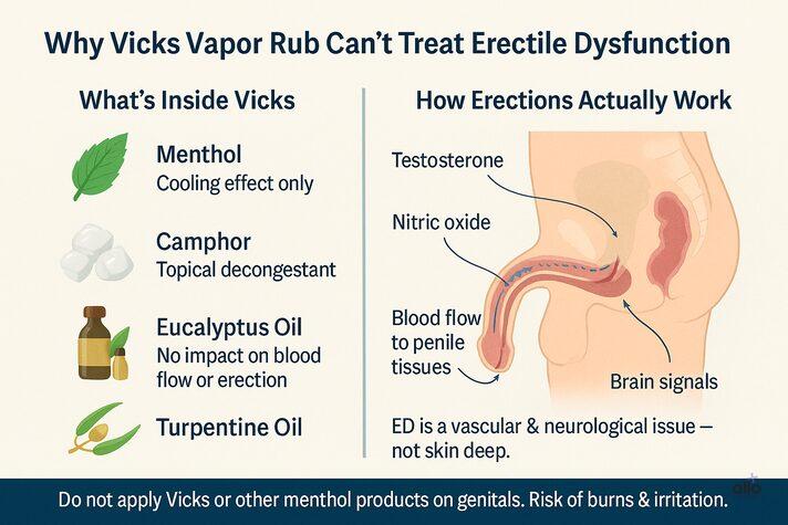 Vicks Vapor Rub and Erectile Dysfunction: Does it Help in Sexual Enhancement? 2 Infographic explaining why Vicks Vapor Rub can’t treat erectile dysfunction, showing ingredients and how erections work — does Vicks Vapor Rub help with erectile dysfunction.