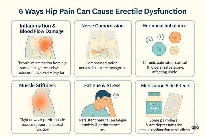Hip Pain and Erectile Dysfunction: Are They Related? 2 Infographic explaining six ways hip pain can cause erectile dysfunction, showing inflammation, nerve compression, hormonal imbalance, muscle stiffness, fatigue, and medication side effects.
