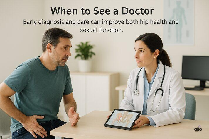 Hip Pain and Erectile Dysfunction: Are They Related? 3 Doctor consulting a male patient about hip pain and erectile dysfunction, emphasizing early diagnosis and care for better hip and sexual health