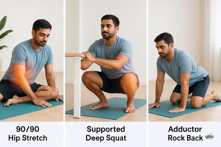 Hip Pain and Erectile Dysfunction: Are They Related? 4 Indian man performing three exercises — 90/90 hip stretch, supported deep squat, and adductor rock back — to improve hip mobility and reduce erectile dysfunction risk.
