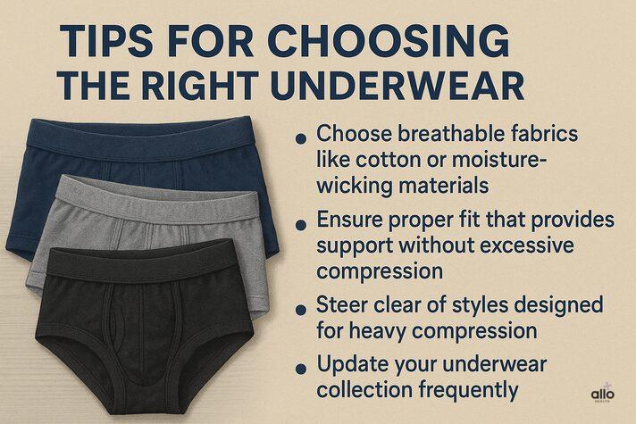 Can Tight Clothing Cause Erectile Dysfunction? Myths and Facts Explained 5 “Infographic showing tips for choosing the right underwear with breathable fabrics and proper fit, explaining that comfort matters but does tight underwear affect erectile dysfunction is a myth.”