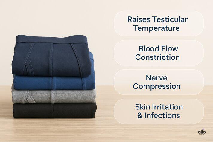 Can Tight Clothing Cause Erectile Dysfunction? Myths and Facts Explained 2 “Stack of folded men’s underwear with text bubbles showing effects like raised testicular temperature and nerve compression, visually answering does tight underwear affect erectile dysfunction.”
