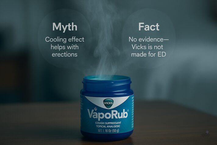 Vicks Vapor Rub and Erectile Dysfunction: Does it Help in Sexual Enhancement? 3 Realistic image showing Vicks Vapor Rub jar with myth and fact about using it for ED — does Vicks Vapor Rub help with erectile dysfunction.