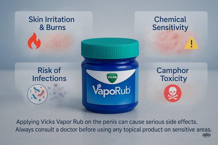Vicks Vapor Rub and Erectile Dysfunction: Does it Help in Sexual Enhancement? 4 Educational graphic showing risks of using Vicks Vapor Rub on the penis — skin irritation, chemical sensitivity, infection risk, camphor toxicity — does Vicks Vapor Rub help with erectile dysfunction.