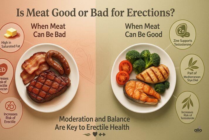 Meat and Erectile Dysfunction: Link Between and Effects on Sexual Health 4 “Infographic comparing how meat affects erections — showing red meat linked to higher erectile dysfunction risk and lean meats like chicken and fish supporting better sexual health.”