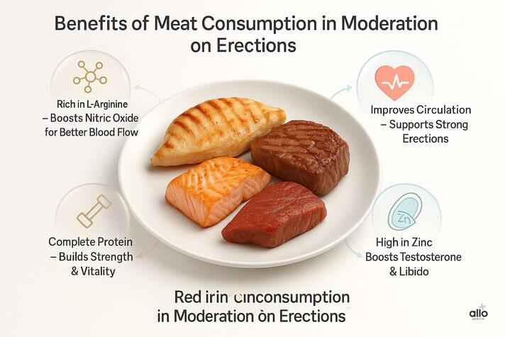 Meat and Erectile Dysfunction: Link Between and Effects on Sexual Health 3 “Visual guide showing benefits of moderate meat consumption on erection health, highlighting L-arginine, zinc, and improved blood flow for stronger erections.”