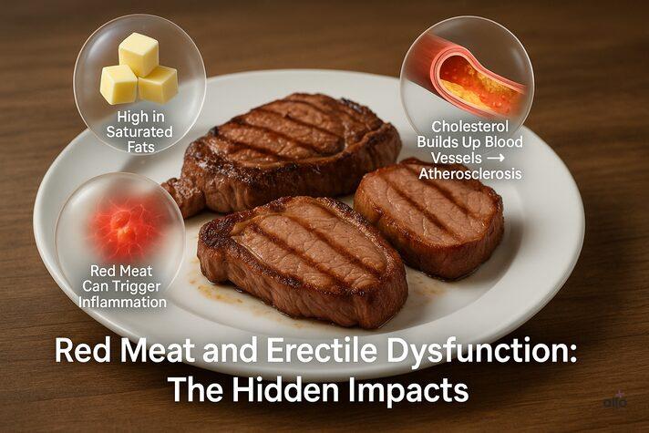 Meat and Erectile Dysfunction: Link Between and Effects on Sexual Health 2 “Infographic showing how red meat affects erection health by increasing saturated fats, cholesterol buildup, and inflammation linked to erectile dysfunction.”