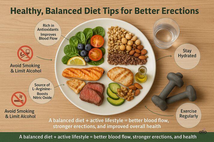 Meat and Erectile Dysfunction: Link Between and Effects on Sexual Health 5 Infographic of a balanced diet plate with lean meats, fish, vegetables, and nuts showing how healthy eating supports better blood flow and stronger erections.”