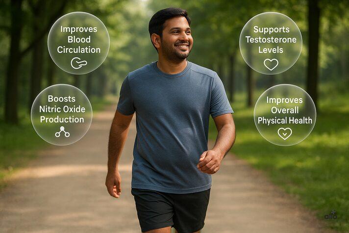 Can Walking Improve Erectile Dysfunction? Simple Exercise Benefits 2 “Indian man walking in a park with transparent bubbles highlighting benefits like improved blood circulation, nitric oxide production, and testosterone — showing how walking helps erectile dysfunction.”