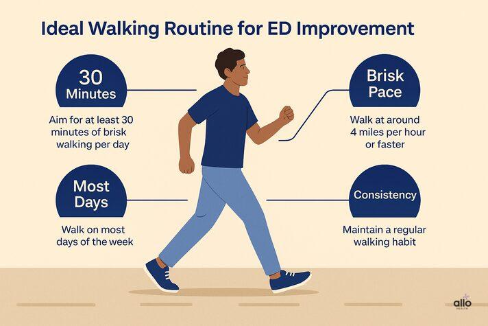 Can Walking Improve Erectile Dysfunction? Simple Exercise Benefits 3 “Infographic explaining the ideal walking routine for erectile dysfunction improvement — showing 30 minutes a day, brisk pace, most days of the week, and consistency.”