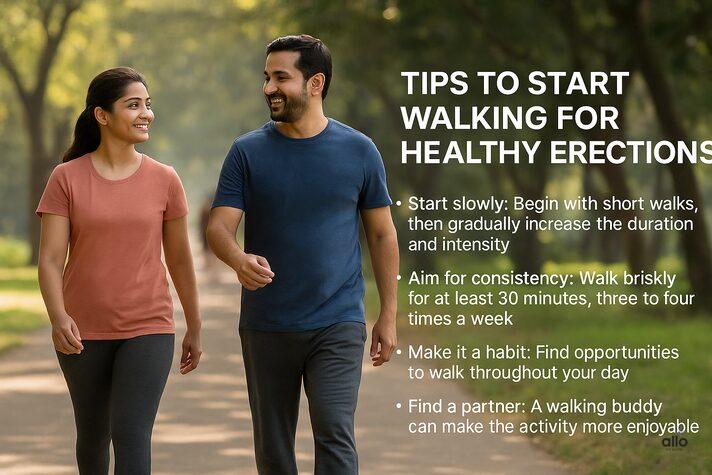 Can Walking Improve Erectile Dysfunction? Simple Exercise Benefits 4 “Indian couple walking briskly together in a park with overlaid tips on starting a walking routine for healthy erections, supporting the link between walking and erectile dysfunction.”