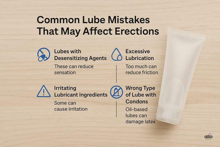 Lubricants and Erectile Dysfunction: Do They Help or Harm? 3 “Infographic explaining common lube mistakes that may affect erections — showing desensitizing agents, excessive lubrication, irritating ingredients, and wrong type of lube with condoms, addressing can lube cause erectile dysfunction concerns.”