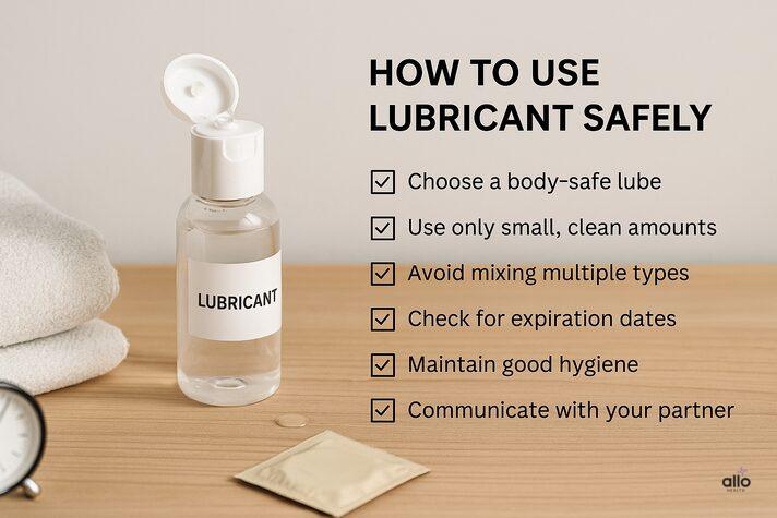 Lubricants and Erectile Dysfunction: Do They Help or Harm? 5 “Checklist infographic on how to use lubricant safely for erectile dysfunction — body-safe lube, right amount, avoid mixing types, check expiry, maintain hygiene, communicate — guiding readers asking can lube cause erectile dysfunction.”