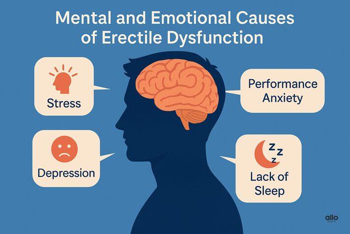 Brain aur dimaag ke andar stress, anxiety, depression aur neend ki kami jaise factors dikhaye gaye hain jo young men mein erectile dysfunction ke mental kaaran ban sakte hain.