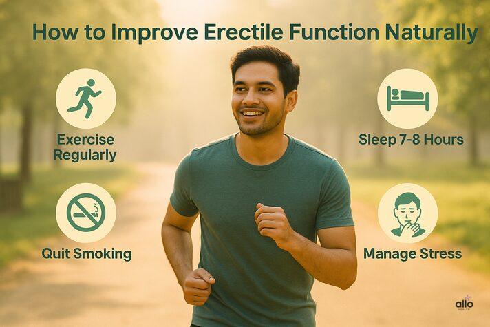 Ek khush young aadmi subah ke samay park mein jogging karta hua, aas-paas icons jaise ‘Exercise Regularly’, ‘Sleep 7-8 Hours’, ‘Quit Smoking’, ‘Manage Stress’ dikhate hue — natural recovery ko darshata hai.