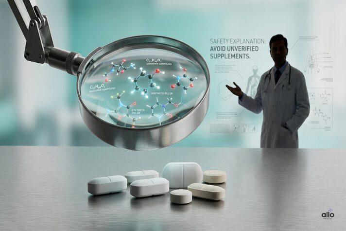 A laboratory scene examining gas station erectile dysfunction pills, highlighting undeclared ingredients like sildenafil and tadalafil.