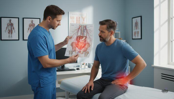 Hip Pain and Erectile Dysfunction: Are They Related? 5 Medical professional showing pelvic anatomy to a male patient with hip pain, discussing how hip and pelvic issues can cause erectile dysfunction.