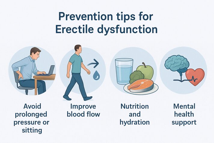 Penile Numbness And Erectile Dysfunction: Causes And Solutions 4 “Infographic showing four prevention tips for erectile dysfunction: avoid prolonged sitting or pressure, improve blood flow through movement, maintain good nutrition and hydration, and support mental health.”