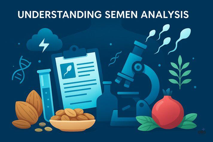 Semen analysis infographic – lab report, microscope aur sperm icons.