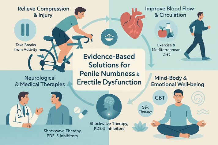 Penile Numbness And Erectile Dysfunction: Causes And Solutions 3 “Infographic showing solutions for penile numbness and erectile dysfunction, including padded cycling gear and rest, exercise and Mediterranean diet for blood flow, medical therapies like PDE-5 inhibitors and shockwave therapy, and mind-body treatments such as CBT, yoga, and sex therapy — shown in a clean educational vector style.”