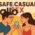 Illustration of a man and woman smiling and holding a sealed condom packet together under the title “Safe Casual Sex,” with a shield and checkmark symbol in the background representing protection, consent, and responsibility in sexual health.