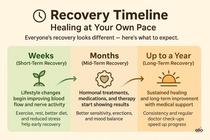 Infographic showing recovery timeline for penile numbness and erectile dysfunction. Illustrates short-term, mid-term, and long-term recovery phases from weeks to a year. Includes checklist on when to see a doctor — for frequent numbness, weak erections, or ongoing stress. Designed in a soft, non-explicit medical style to promote awareness and reassurance.