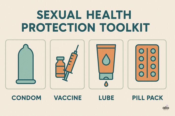 How To Have Safe Casual Sex 2 Infographic with icons of condom, vaccine, lube, and pill pack labeled as safe-sex essentials.
