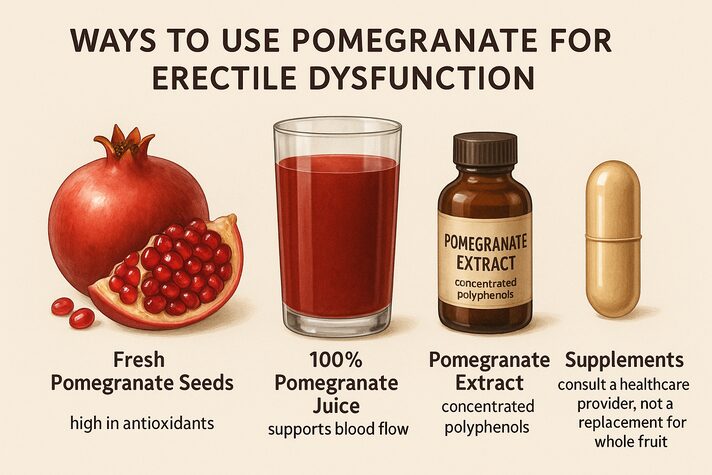 Pomegranate For Erectile Dysfunction: Benefits, Uses & Effects On Sexual Health 3 “Infographic showing different ways to use pomegranate for erectile dysfunction, including fresh pomegranate seeds labeled ‘high in antioxidants,’ a glass of 100% pomegranate juice labeled ‘supports blood flow,’ a bottle of pomegranate extract labeled ‘concentrated polyphenols,’ and a supplement capsule labeled ‘consult a healthcare provider, not a replacement for whole fruit.’”