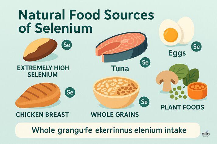 Illustration of selenium-rich foods including Brazil nuts, tuna, eggs, chicken breast, whole grains, mushrooms, lentils, and other plant-based foods.