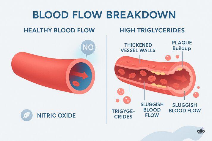 High Triglycerides and Erectile Dysfunction: The Cholesterol Connection 2 “Comparison infographic showing healthy blood flow versus high triglycerides, highlighting thickened vessel walls, plaque buildup, reduced nitric oxide and sluggish circulation that can lead to erectile dysfunction.”