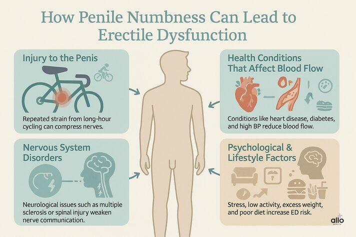 Infographic titled ‘How Penile Numbness Can Lead to Erectile Dysfunction’ showing four non-explicit causes: injury from long-hour cycling, health conditions that reduce blood flow such as heart disease and diabetes, nervous system disorders like multiple sclerosis or spinal injury, and psychological or lifestyle factors such as stress, low physical activity, excess weight, and poor diet. A neutral human silhouette appears in the centre with arrows pointing to each cause