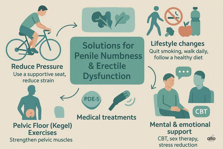 Infographic showing solutions for penile numbness and erectile dysfunction, including reducing pressure with a supportive bike seat, making healthy lifestyle changes like quitting smoking and walking daily, strengthening pelvic muscles with Kegel exercises, and using medical treatments such as PDE-5 medications, shockwave therapy, CBT, and sex therapy.