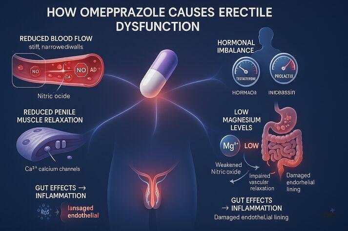 Omeprazole and Erectile Dysfunction: Uses, Dosage and Sexual Side Effects 2 Detailed medical infographic showing how omeprazole can cause erectile dysfunction through reduced blood flow, impaired muscle relaxation, hormonal imbalance, magnesium deficiency, and gut-related inflammation.