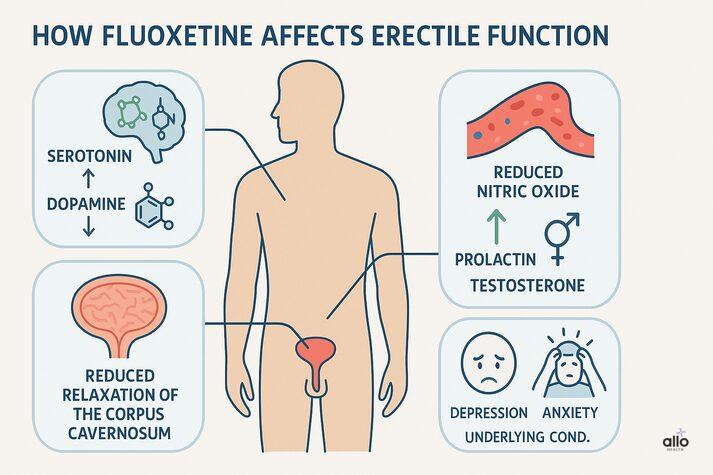 Fluoxetine (Prozac) and Erectile Dysfunction: Uses, Dosage, and Sexual Side Effects 2 Infographic illustrating how fluoxetine affects erectile function, showing serotonin-dopamine changes, reduced nitric oxide, prolactin and testosterone effects, reduced relaxation of penile tissue, and underlying conditions like depression and anxiety.