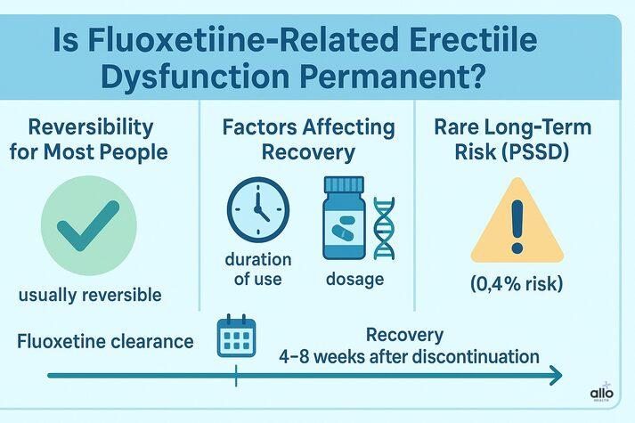 Fluoxetine (Prozac) and Erectile Dysfunction: Uses, Dosage, and Sexual Side Effects 3 Infographic explaining whether fluoxetine-related erectile dysfunction is permanent, showing reversibility for most people, factors affecting recovery, rare PSSD risk, and recovery timeline.