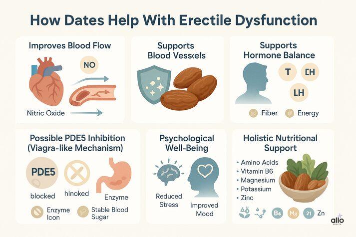 Dates and Erectile Dysfunction: Know Benefits, Uses, and Risks for Sexual Health 2 Infographic explaining how dates help with erectile dysfunction by improving blood flow, supporting blood vessels, hormone balance, metabolism, and overall sexual health.