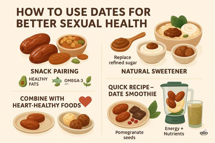Dates and Erectile Dysfunction: Know Benefits, Uses, and Risks for Sexual Health 3 Illustration showing how to use dates for better sexual health, including snack pairing, natural sweeteners, heart-healthy combinations, and date smoothie recipes.