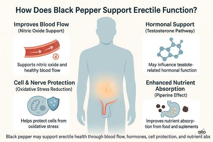 Black Pepper and Erectile Dysfunction: Know Benefits, Uses, and Risks for Sexual Health 2 How black pepper may support erectile function, illustrating blood flow improvement, nitric oxide support, hormonal function, antioxidant protection, and enhanced nutrient absorption.