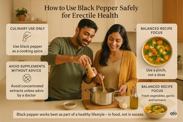 Black Pepper and Erectile Dysfunction: Know Benefits, Uses, and Risks for Sexual Health 3 How to use black pepper safely for erectile health, showing culinary use in cooking, avoiding supplements, and preparing a healthy vegetable soup with black pepper.