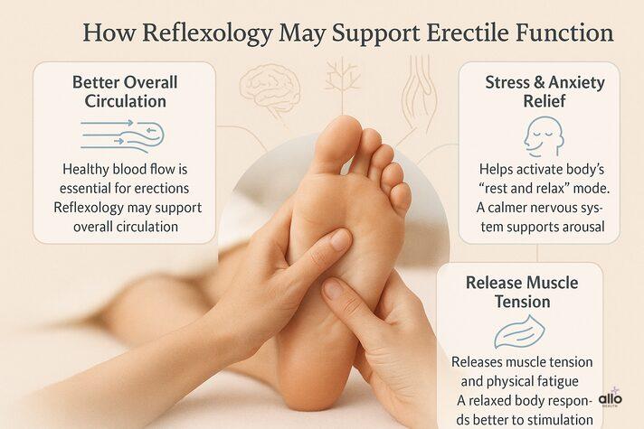 Educational infographic titled “How Reflexology May Support Erectile Function,” showing a realistic foot massage at the center with callouts for better circulation, stress and anxiety relief, and release of muscle tension, along with subtle icons of the brain, nerves, and blood vessels.