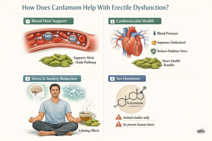 Cardamom (Elaichi) and Erectile Dysfunction: Know Benefits, Uses, and Risks for Sexual Health 2 How cardamom may indirectly help erectile dysfunction by supporting blood flow through nitric oxide, improving cardiovascular health, reducing stress, and showing no proven testosterone boost in humans.