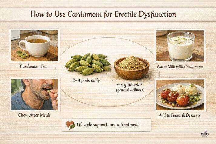 Cardamom (Elaichi) and Erectile Dysfunction: Know Benefits, Uses, and Risks for Sexual Health 3 How to use cardamom for erectile dysfunction, showing cardamom tea, warm milk with elaichi, chewing pods after meals, and adding cardamom to foods as lifestyle support, not a treatment.