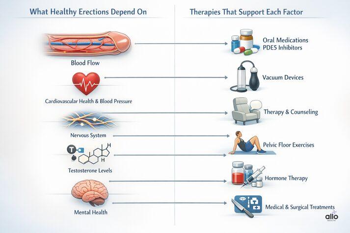 Erectile Dysfunction Therapies: A Complete guide to All types of Impotence Therapies 2 Medical illustration showing what healthy erections depend on, including blood flow, cardiovascular health, nervous system function, testosterone levels, and mental health, alongside corresponding erectile dysfunction therapies such as oral medications, vacuum devices, therapy and counseling, pelvic floor exercises, hormone therapy, and medical treatments.