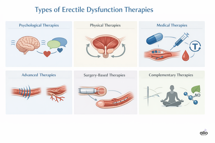 Infographic illustrating different types of erectile dysfunction therapies, including psychological therapies, physical therapies, medical treatments, advanced regenerative therapies, surgery-based options, and complementary therapies for erectile dysfunction management.